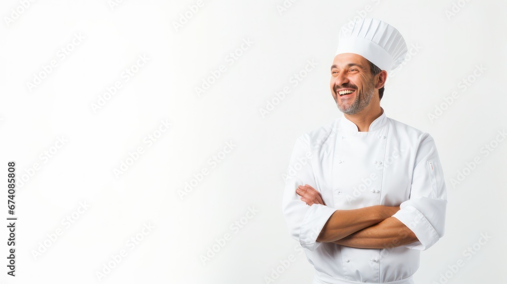 Happy chef, standing on a clear white background with lots of copy space on the right side created with Generative AI Happy chef, standing on a clear white background with lots of copy space on the right side created with Generative AI