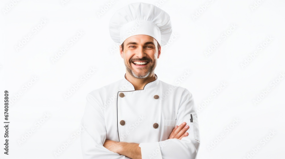 Happy chef, standing on a clear white background with lots of copy space on the right side created with Generative AI