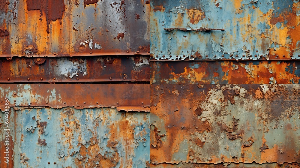 Blue orange rough and rusty old iron surface, a grunge abstract background Blue orange rough and rusty old iron surface, a grunge abstract background