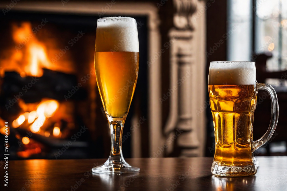 Glass of fresh and cold beer on the background of a burning fireplace Glass of fresh and cold beer on the background of a burning fireplace