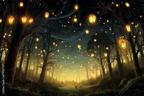 Magical lights in the forest in fairy tale