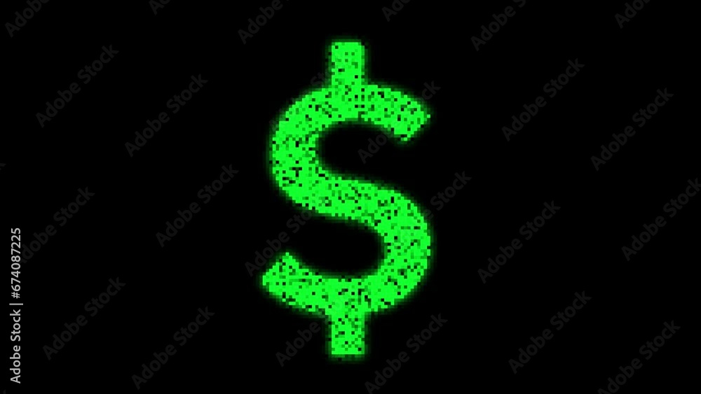 Money dolar sign animation, 8bit glowing pixels effect, green and white options, loopable animations in black background. Money dolar sign animation, 8bit glowing pixels effect, green and white options, loopable animations in black background.