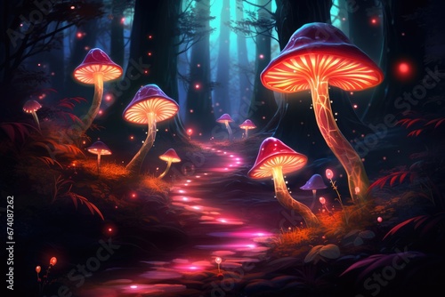 Giant magical mushrooms lighten the road in the fairy tale © MirkanRodi