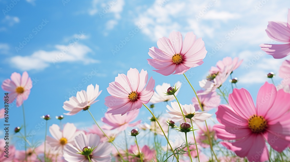Closeup of colorful blooming cosmos flowers in front of cloudy blue sky