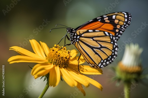 A monarch butterfly collecting nectar from a flower in summer. Generative AI