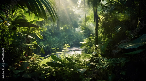 Lush rainforest with a marked path and vibrant sunlight showcases a serene, serene, and breathtaking tropical paradise in the heart of the woods.
