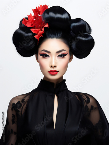 Partying woman portrait with asian style. Isolated white background. Generative AI