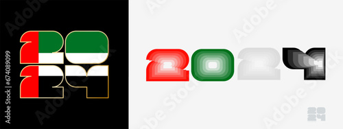 Year 2024 with flag of United Arab Emirates and in color palate of United Arab Emirates flag. Happy New Year 2024 in two different style.