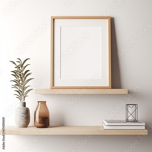 Mock up poster frame close up on shelf with decoration, 3d render © Sanae