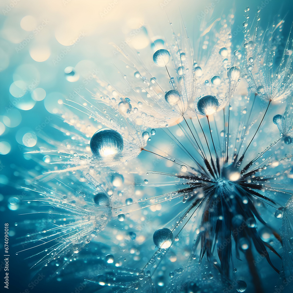 Fototapeta premium Dandelion Seeds in Droplets of Water on Blue Background with Soft Focus in Nature Macro