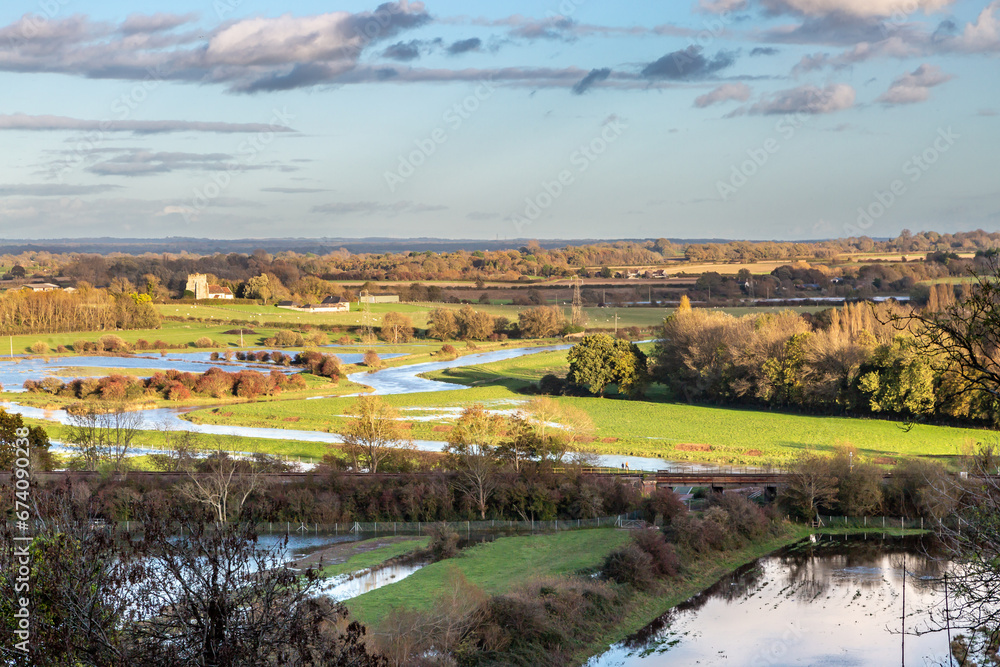 A view over the River ouse near Lewes in Sussex, with flooded fields due to recent rain