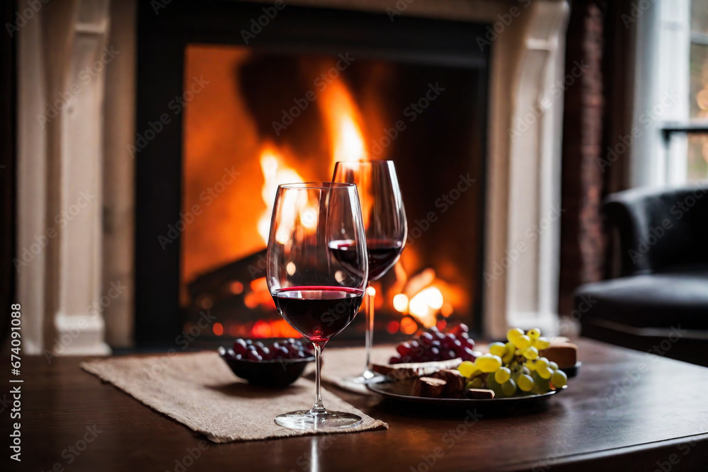 Glass of wine on the background of a burning fireplace