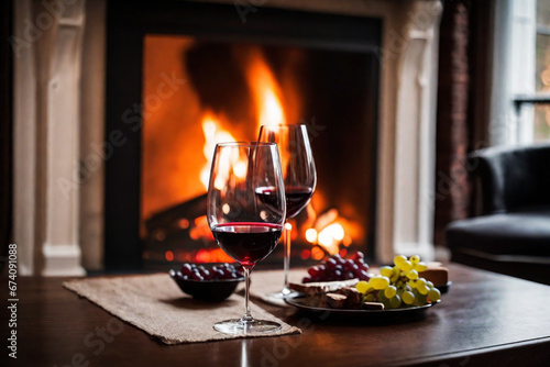 Glass of wine on the background of a burning fireplace