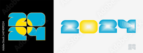 Year 2024 with flag of Palau and in color palate of Palau flag. Happy New Year 2024 in two different style.