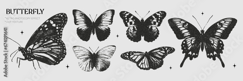 Trendy elements with a retro photocopy effect. Black butterflies. Y2k elements for design. Grain effect and stippling. Vector dots texture. photo