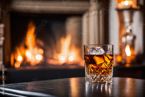 Glass of whiskey with ice on the background of a burning fireplace