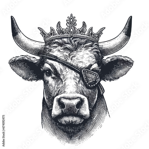 Portrait of Bull with diadem and eye patch. Hand-drawn illustration
