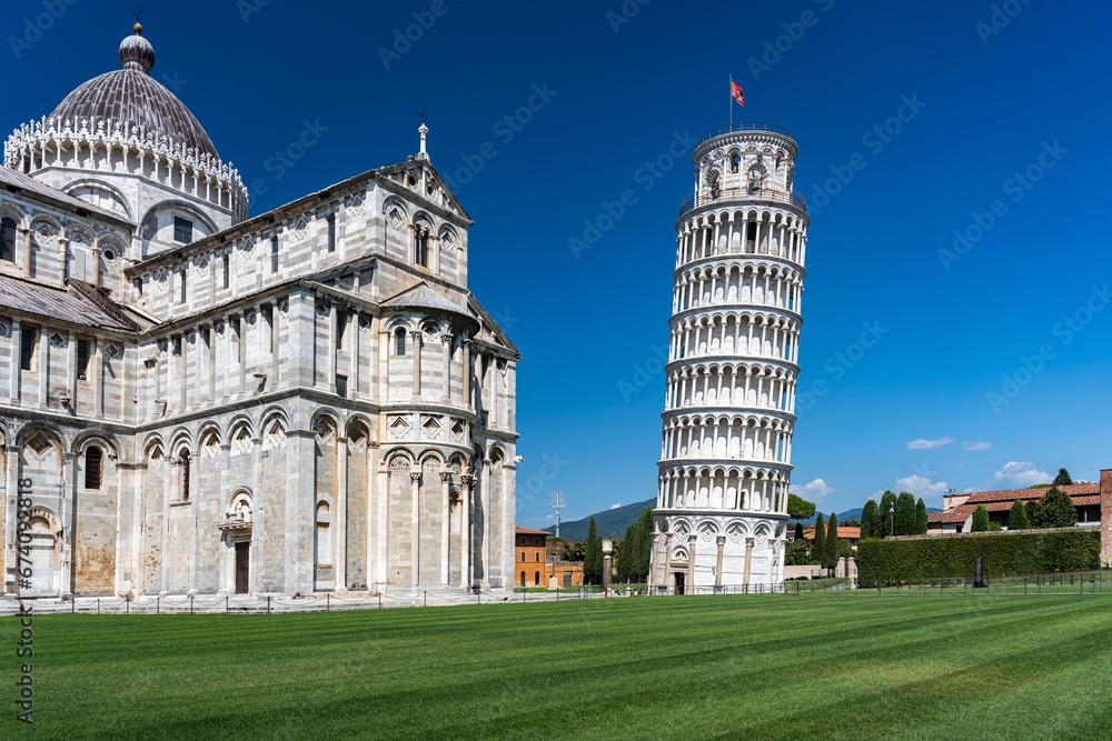 Famous tower in Pisa in Italy, Tuscany at summer.