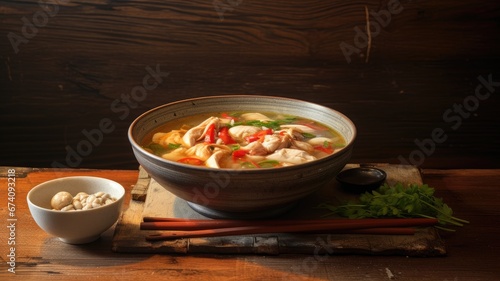 South Korea's traditional chicken soup, abalone, and ginseng presented elegantly, there's abundant open space for text to convey the essence of this nourishing dish.