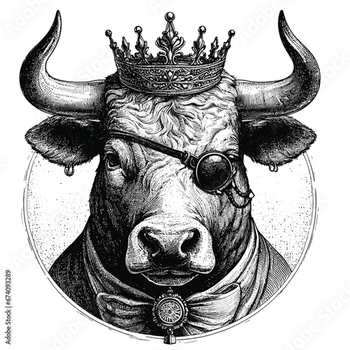 Portrait of Bull with diadem and eye patch. Hand-drawn illustration
