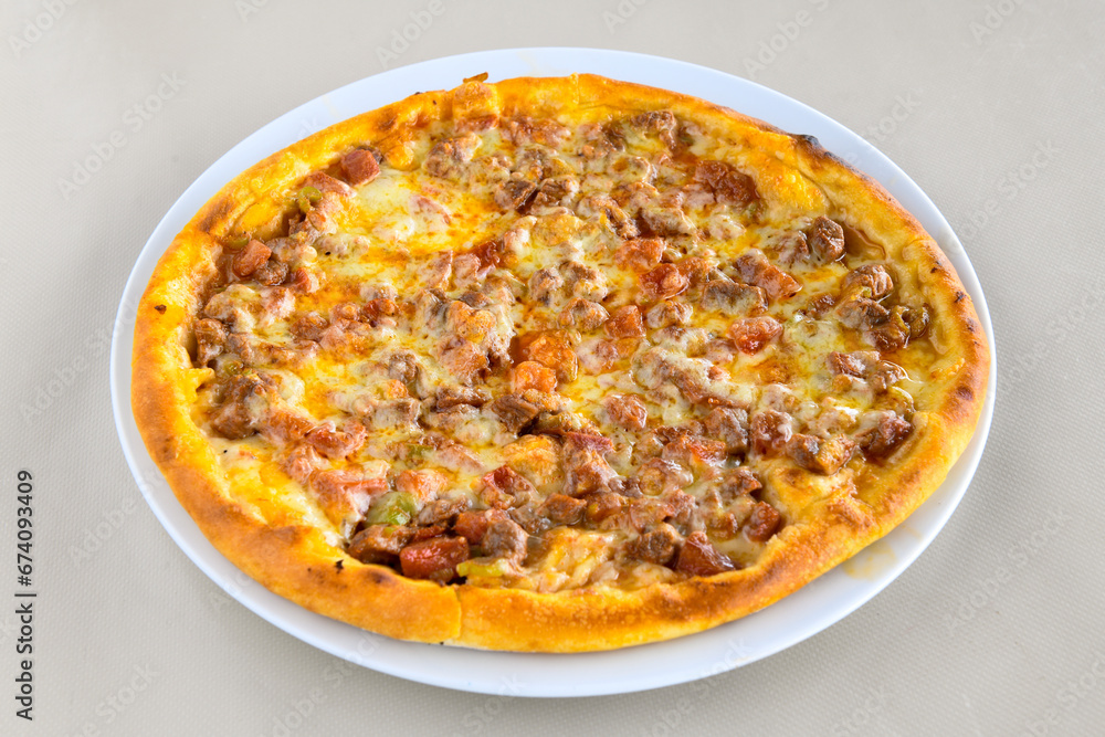 Delicious mixed pizza with rich content. Menu concept of choice and diversity. Pepperoni, Formaggi, Veggie, Karisik pizza Delicious mixed pizza with rich content. Menu concept of choice and diversity. Pepperoni, Formaggi, Veggie, Karisik pizza