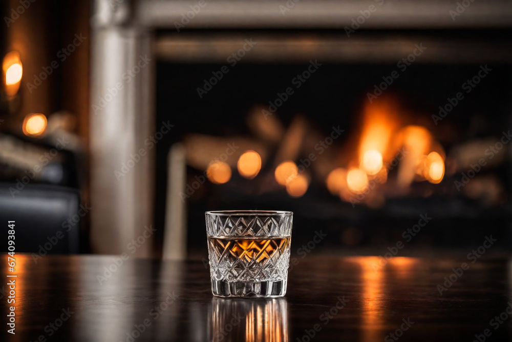 Glass of vodka on the background of a burning fireplace - obrazy, fototapety, plakaty 
