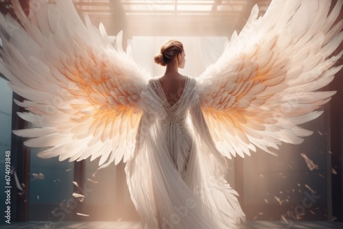 Woman in white dress like angel with wings, AI generated