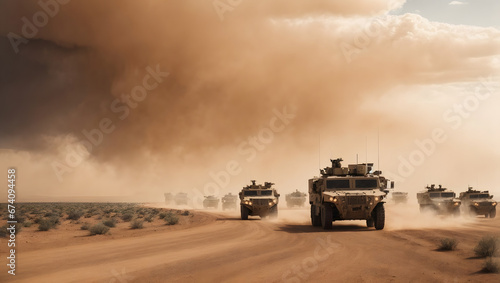 A military convoy of armored vehicles moving through a desert region with a dust storm looming in the background. photo