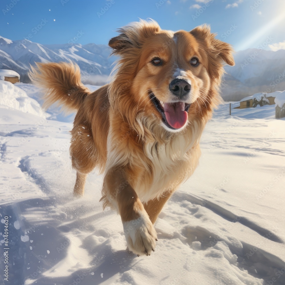 Shot of a Dog Speeding in the Winter Snow Under the Warm Sun Rays, Generative AI Shot of a Dog Speeding in the Winter Snow Under the Warm Sun Rays, Generative AI