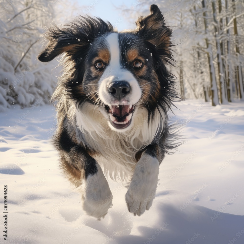 Illustration of a Dog Trotting in the Snow in Winter Under the Warm Sun’s Glow, Generative AI