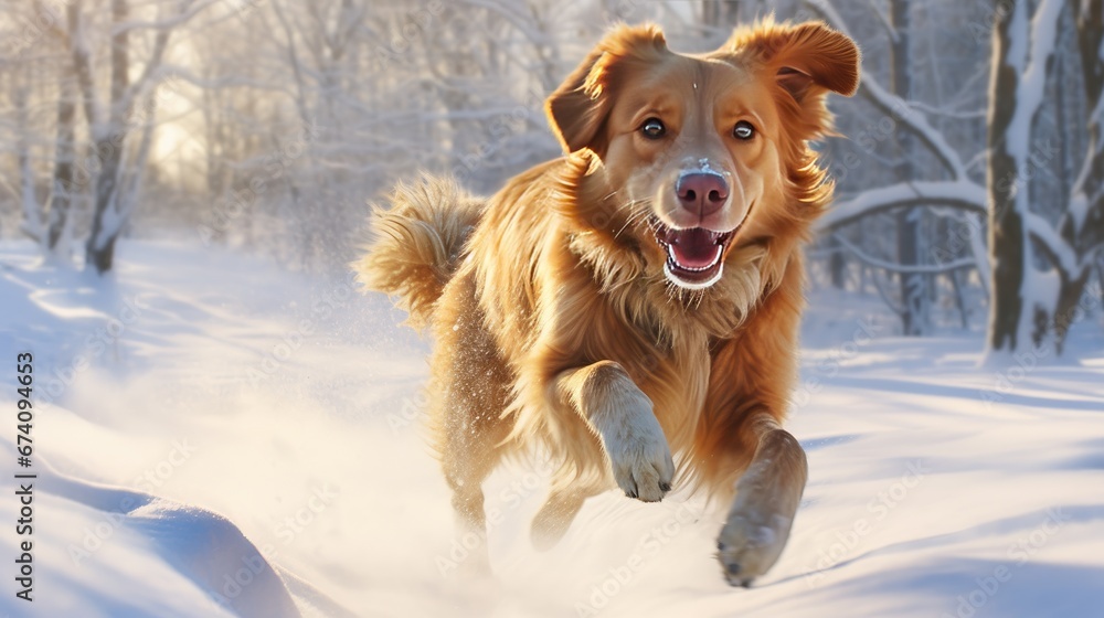Photograph of a Dog Dashing in the Snowy Winter Under the Warm Sun, Generative AI Photograph of a Dog Dashing in the Snowy Winter Under the Warm Sun, Generative AI