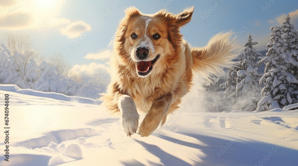 Image of a Canine Sprinting in Winter’s Snow Bathed in Warm Sunlight, Generative AI Image of a Canine Sprinting in Winter’s Snow Bathed in Warm Sunlight, Generative AI