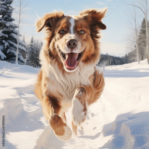 Scene of a Dog in Motion in the Snow During Winter in Warm Sunlight, Generative AI © Yago