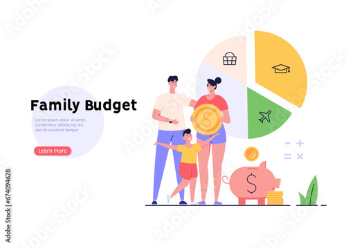 Family budget planning. Yong couple with child saving money and planning with piggy bank, calculator and coins. Concept of Family money, household finance. Vector illustration in flat cartoon design