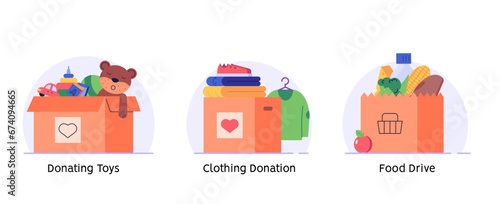 Volunteer group collecting donations. Charity organization donating clothes, food and toys for poor people. Concept of clothing donations, volunteer help, donate food, toys. Vector flat illustration
