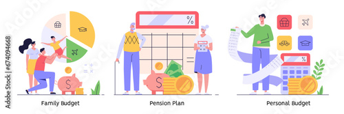 Family budget set. Yong couple with child saving money and planning expenses with piggy bank, calculator and coins. Collection of family money, household finance. Flat cartoon vector illustration