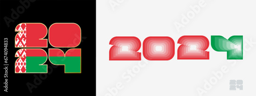 Year 2024 with flag of Belarus and in color palate of Belarus flag. Happy New Year 2024 in two different style.