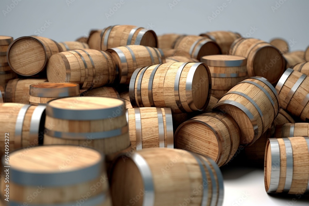 3D illustration of barrels on grey background. Generative AI