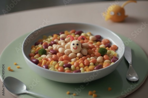 adorable animated dish with cooked legumes. Generative AI