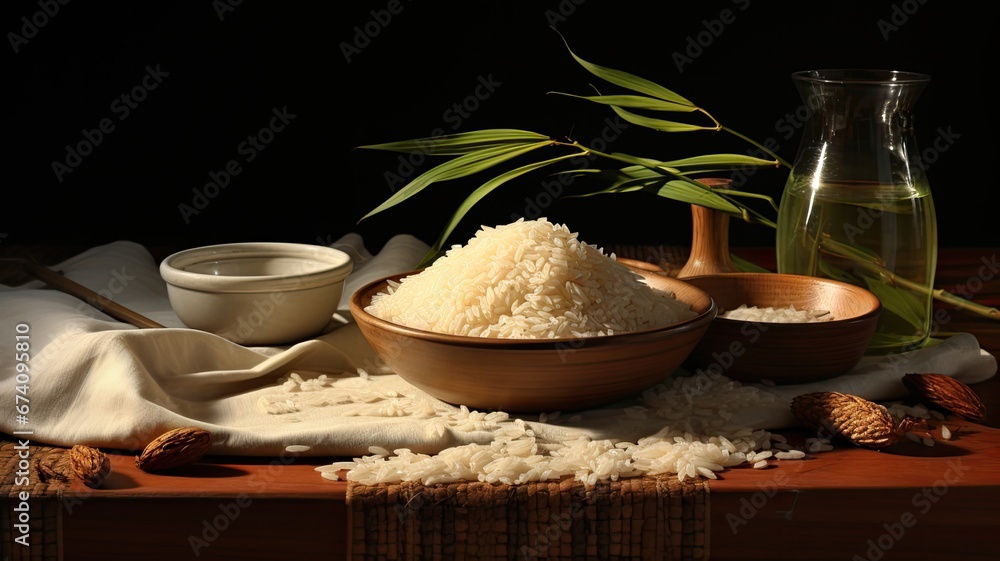 a composition of Northeast rice presented in a bowl, accompanied by a linen towel on a clean white wooden background. The ample open space is perfect for including text or messages a composition of Northeast rice presented in a bowl, accompanied by a linen towel on a clean white wooden background. The ample open space is perfect for including text or messages