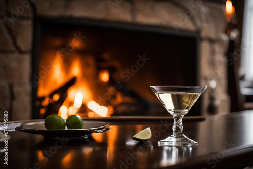 Glass of martini on the background of a burning fireplace