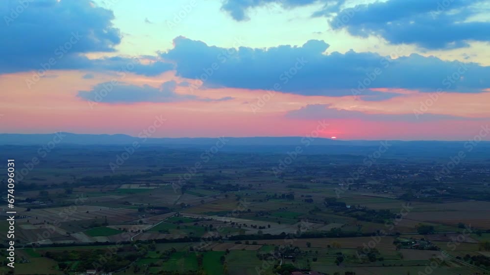 Smooth aerial up view flight drone Tuscany valley Cloudy sky sunset italy nature Smooth aerial up view flight drone Tuscany valley Cloudy sky sunset italy nature