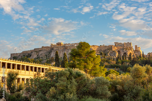 The Stoa of Attalos in Agora of Athens, Greece with Acropolis hill
