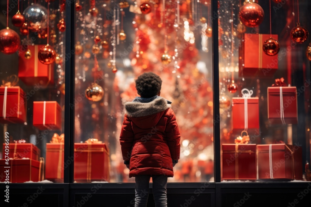 little boy in a red jacket looking through a display window at Christmas decorations and gifts in a store