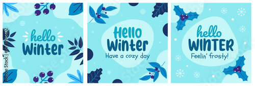 Hello winter greeting card collection. Winter poster, banner set. Hand-drawn vector illustrations with snowy, icy, and frozen blue elements.