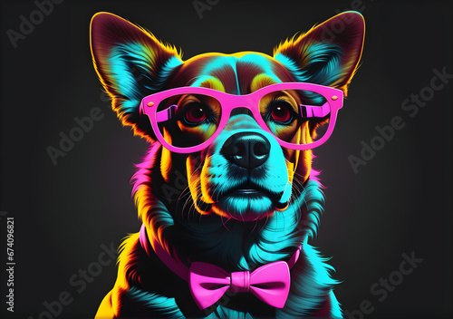 illustration design of a dog donning glasses on the black background. AI Generative