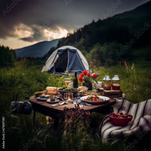 Dinner against the tent in mountains