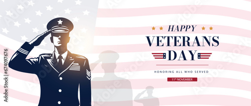 Happy Veterans day Vector illustration banner. honoring all who served. us military officer saluting. American flag background