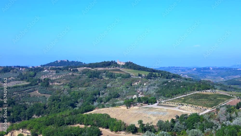Magic aerial top view flight drone Tuscany valley Olive Winefield Ttaly nature