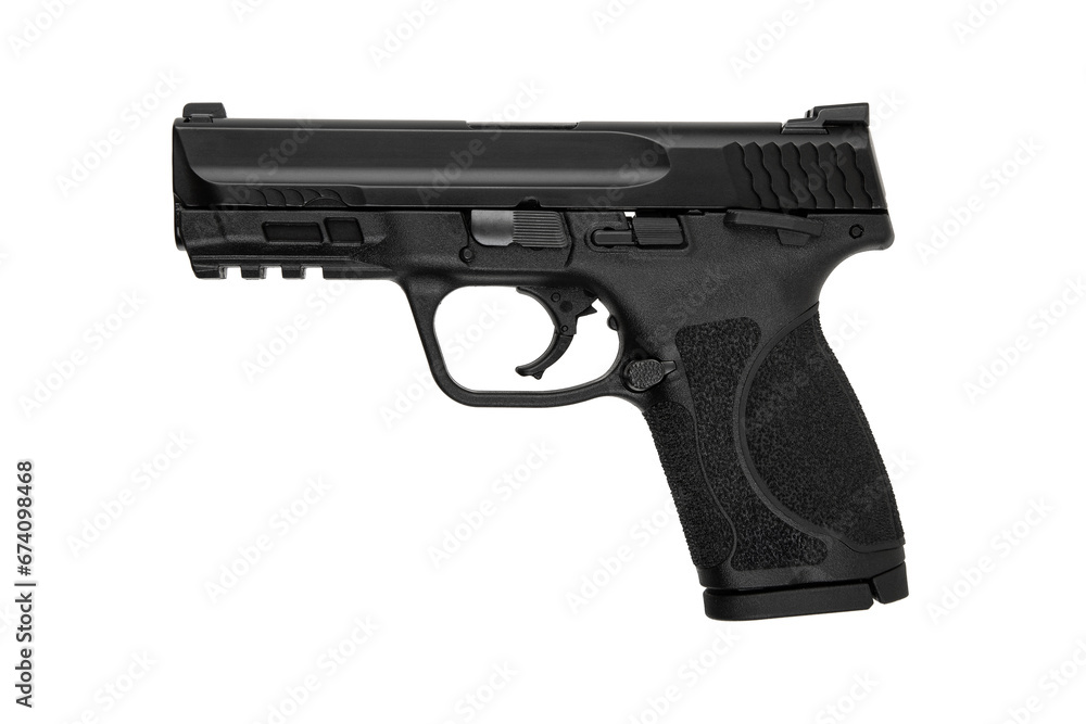 Modern semi-automatic pistol isolate on a white background. Armament for the army and police. Short-barreled weapon Modern semi-automatic pistol isolate on a white background. Armament for the army and police. Short-barreled weapon